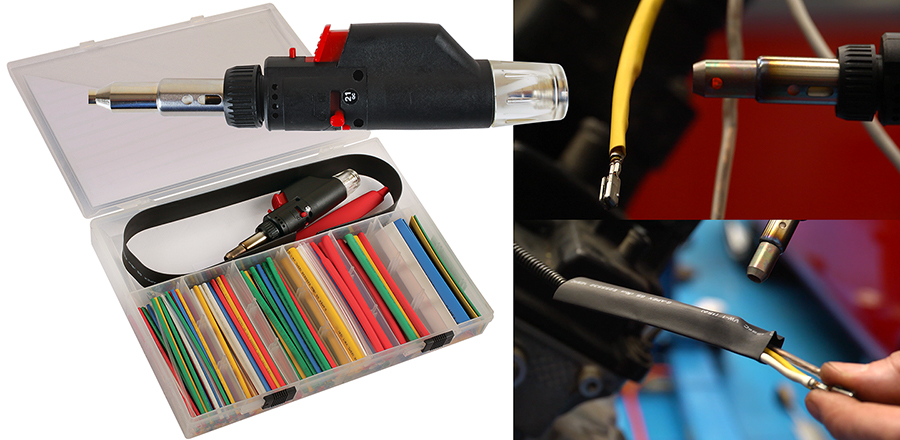 Heat shrink tubing kit includes butane gas torch