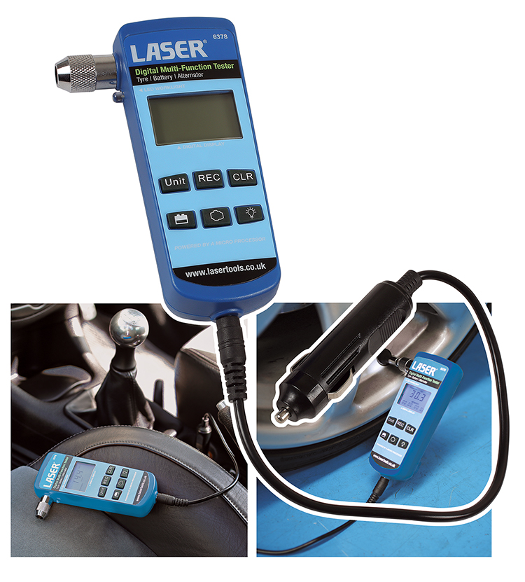 Three-in-one multifunction tester measures tyre pressure and records battery and alternator voltage