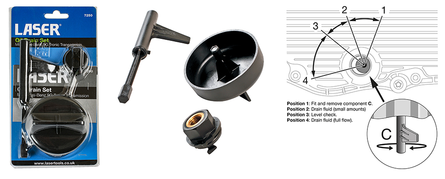 Specialist Mercedes-Benz transmission oil adaptor set from Laser Tools — required when draining and refilling the automatic transmission. 