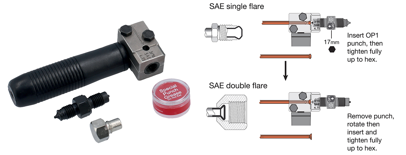 Easily form single and double SAE brake pipe flares on-vehicle, with this new hand-held flaring tool 