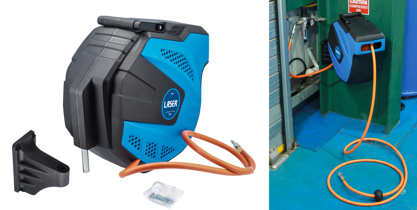 An efficient solution to workshop air hose storage from Laser Tools