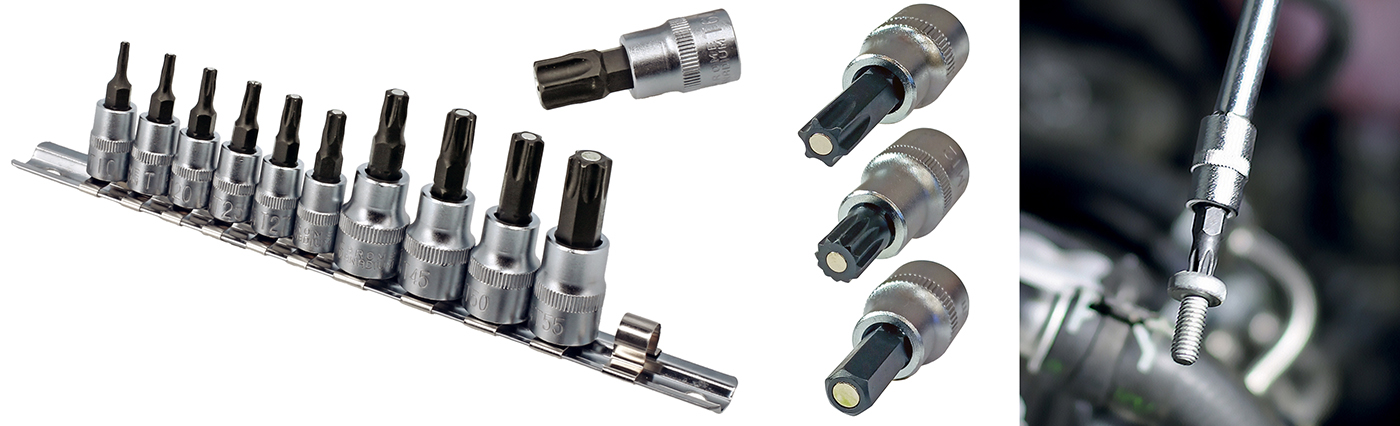 Combined socket/bit sets from Laser Tools fit Star, spline and hex fasteners