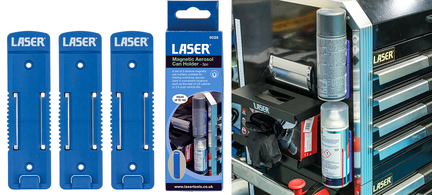 New from Laser Tools: 3-piece magnetic aerosol can holder set 