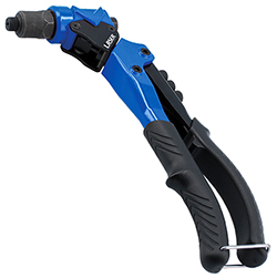 Truly versatile hand-riveter — pop-rivets, nut-rivets and sheet-steel nibbler all in one tool