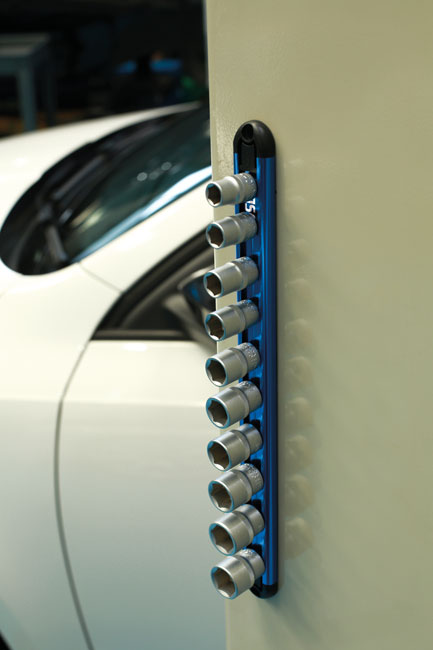 Laser Tools Racing 8086 Magnetic socket rail for 1/4"D sockets with 45 degree quick lock mechanism shown in workshop.