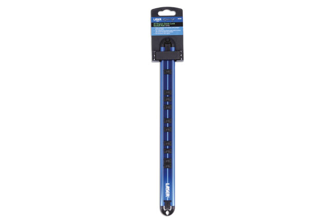 Laser Tools Racing 8086 Magnetic socket rail for 1/4"D sockets with 45 degree quick lock mechanism shown with packaging.