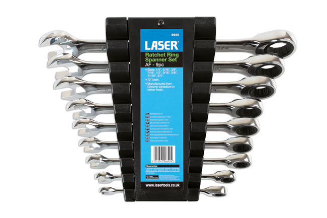 Laser Tools 6699 AF Ratchet Ring Combination Spanner Set 9pc