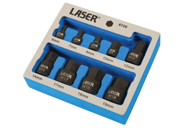 Laser Tools 6726 Low Profile Impact Hex Socket Bit Set 1/4"D, 3/8"D 9pc