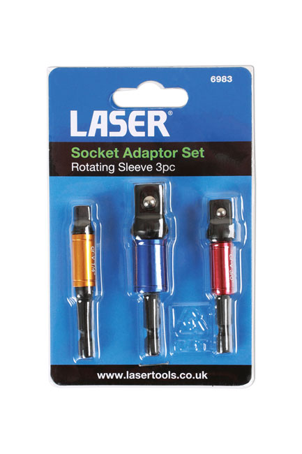 Laser Tools 6983 Socket Adaptor Set, Rotating Sleeve 1/4"D, 3/8"D, 1/2"D 3pc