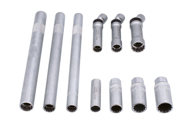 Ten piece spark plug socket set