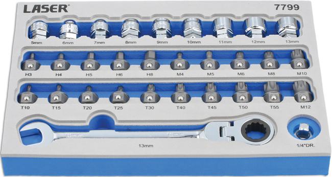 Laser Tools 7799 Low Profile Bit & Alldrive Go Thru Socket Set 31pc