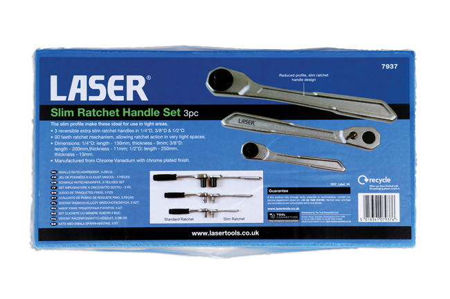 Laser Tools 7937 Slim Handle Ratchet Set 1/4"D, 3/8"D, 1/2"D 3pc