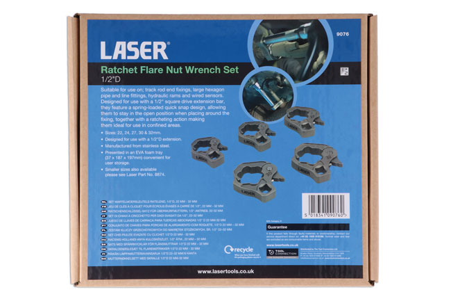 Laser Tools 9076 Ratchet Flare Nut Wrench Set 1/2"D 22mm - 32mm