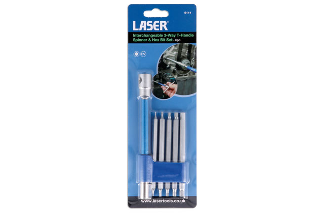 Laser Tools 9114 Interchangeable 3-Way T-Handle Spinner & Hex Bit Set - 6pc