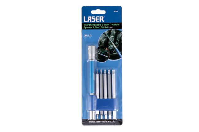 Laser Tools 9115 Interchangeable 3-Way T-Handle Spinner & Star Bit Set - 6pc