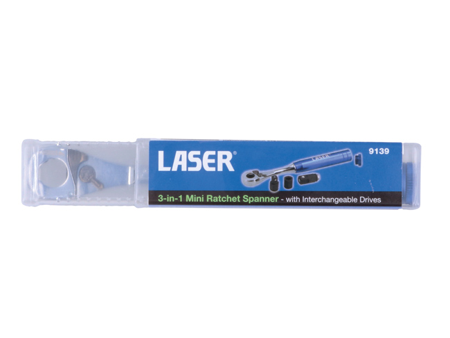 Laser Tools 9139 3-in-1 Mini Ratchet Spanner - with Interchangeable Drives