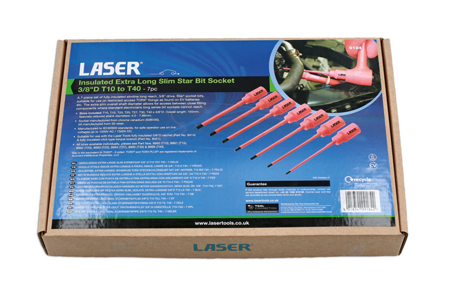 Laser Tools 9184 Insulated Extra Long Slim Star Bit Socket 3/8"D T10 to T40 - 7pc
