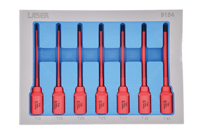 Laser Tools 9184 Insulated Extra Long Slim Star Bit Socket 3/8"D T10 to T40 - 7pc
